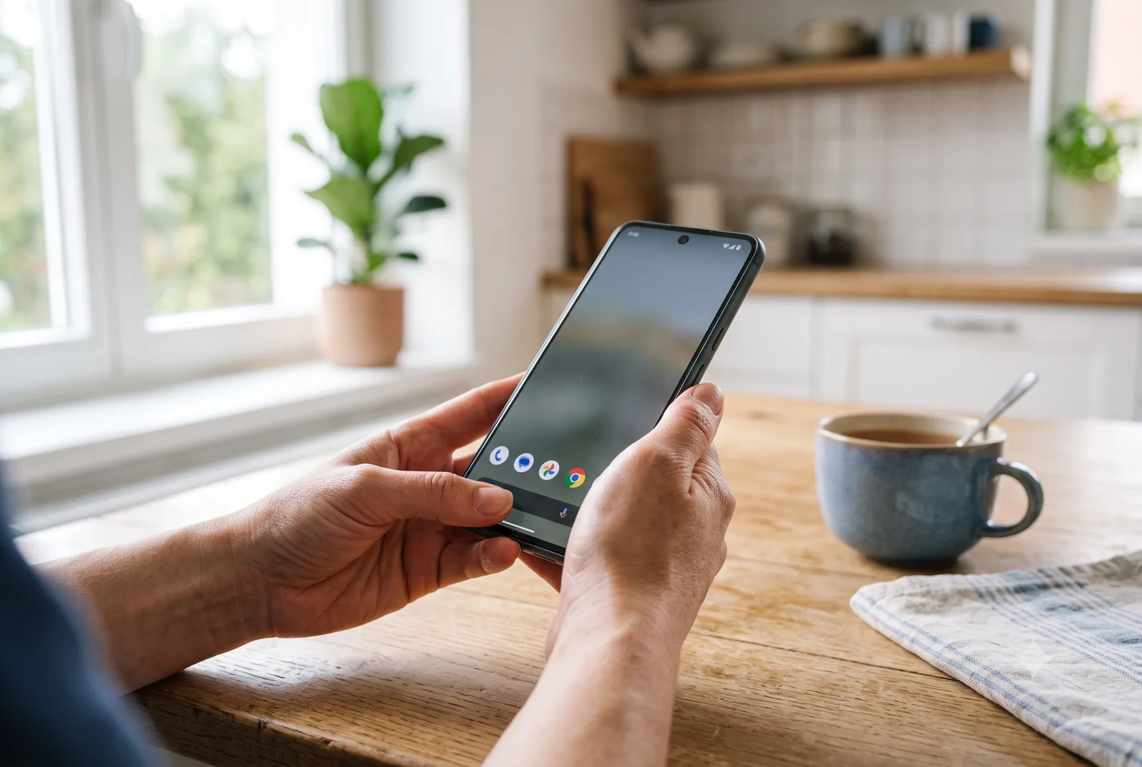 Ruce držící mobilní telefon u okna